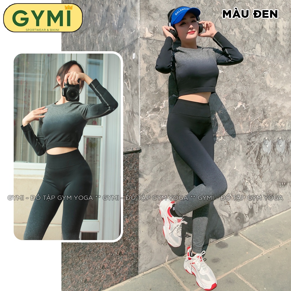 Set bộ đồ tập gym yoga nữ GYMI SET19 gồm áo croptop dài tay và quần legging thể thao chất dệt kim phối màu loang