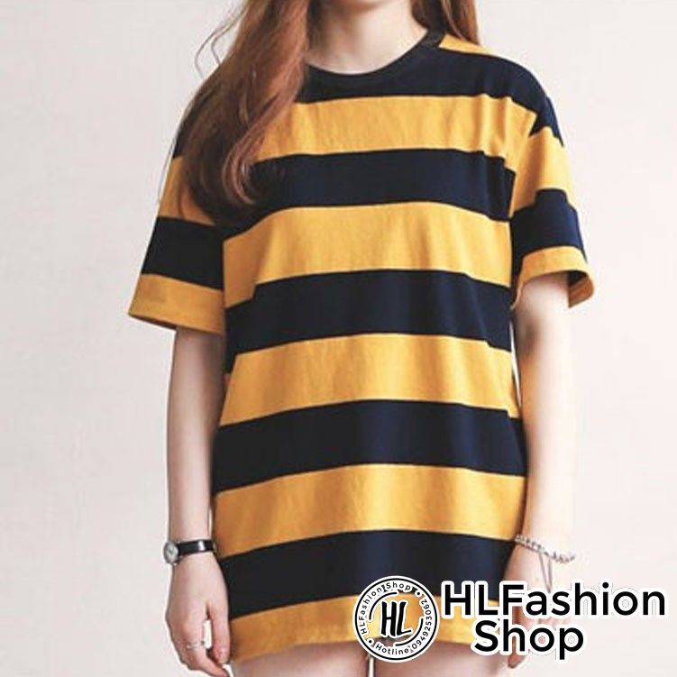 Áo thun tay lỡ form rộng sọc vàng đen, áo phông nam nữ size HLFashion