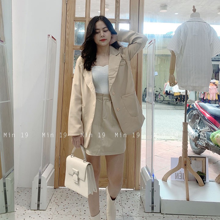 Áo vest nữ blazer 2 lớp Hàn Quốc trơn dáng rộng tay dài túi nắp kiểu bigsize công sở cá tính màu đen be nâu thời trang