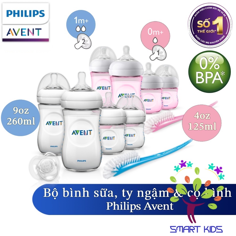 Bộ bình sữa 125ml và 260ml, ty ngậm thiết kế tự nhiên Philips Avent cho trẻ từ 0 tháng tuổi