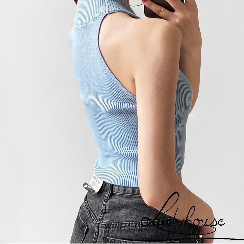 Áo Croptop Không Tay Cổ Tròn Màu Trơn Có Gân Cho Nữ