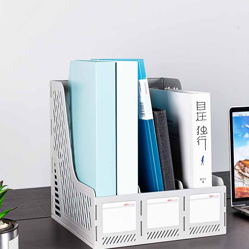 Giá tài liệu 3 ngăn kèm hộp bút Deli - File đựng tài liệu 3 ngăn/ 4 ngăn, màu Ghi xám - 1 chiếc E9845/ E9846