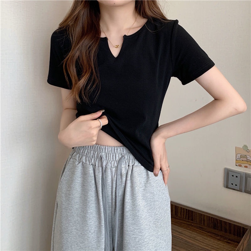 Áo Thun Tay Ngắn Màu Trơn Đơn Giản Cho Nữ 164214 Áo Thun Cổ Chữ v Màu Trơn Form Rộng Kiểu Dáng Đơn Giản
