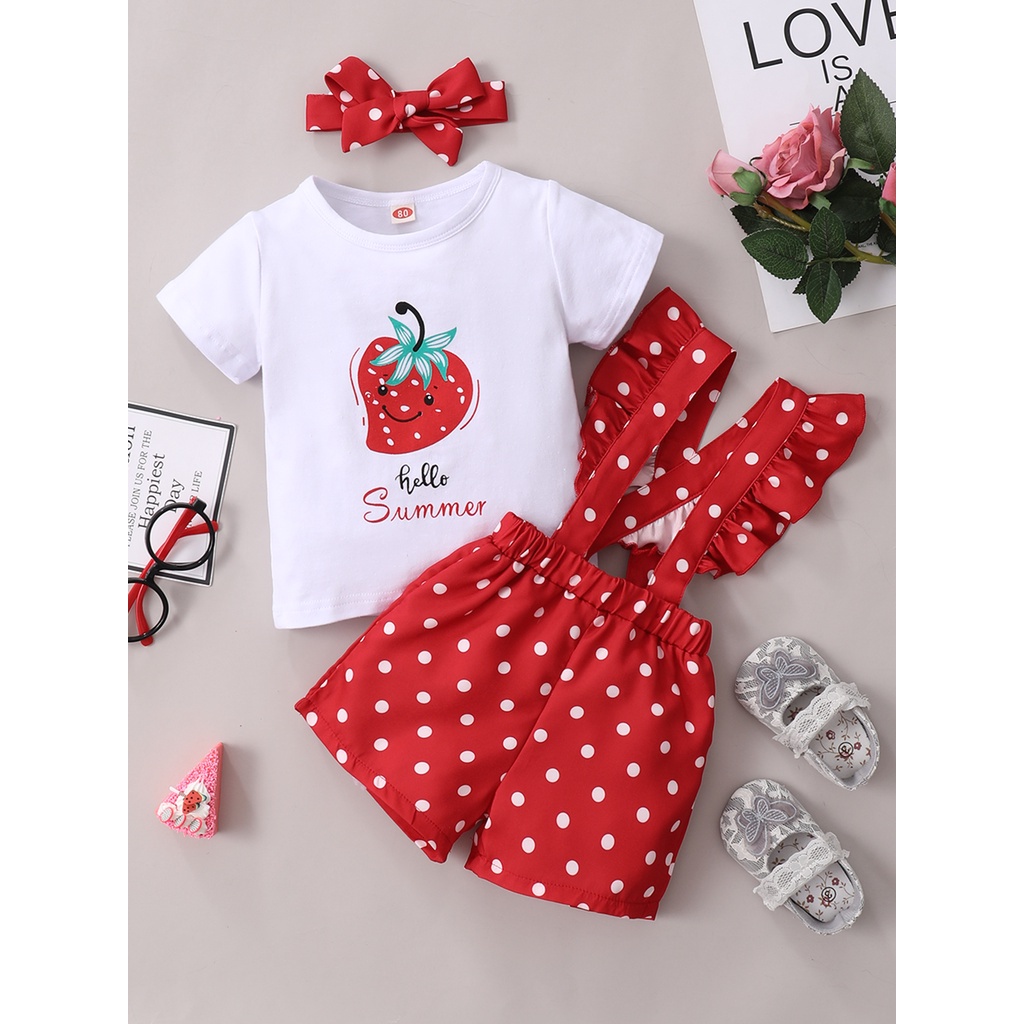 Set đồ 3 món MIKRDOO gồm áo thun tay ngắn in hình quả dâu + quần yếm và băng đô thời trang mùa hè cho bé gái 0-2 tuổi