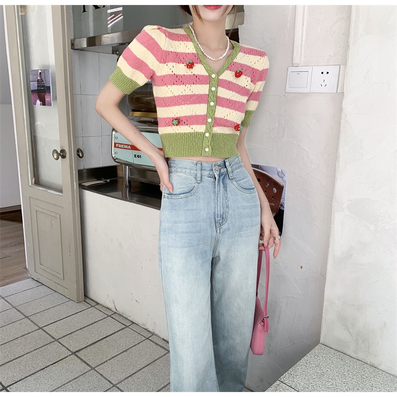 Áo croptop Xiaozhainv dệt kim ngắn tay cổ chữ V họa tiết kẻ sọc phong cách Hàn Quốc cho nữ