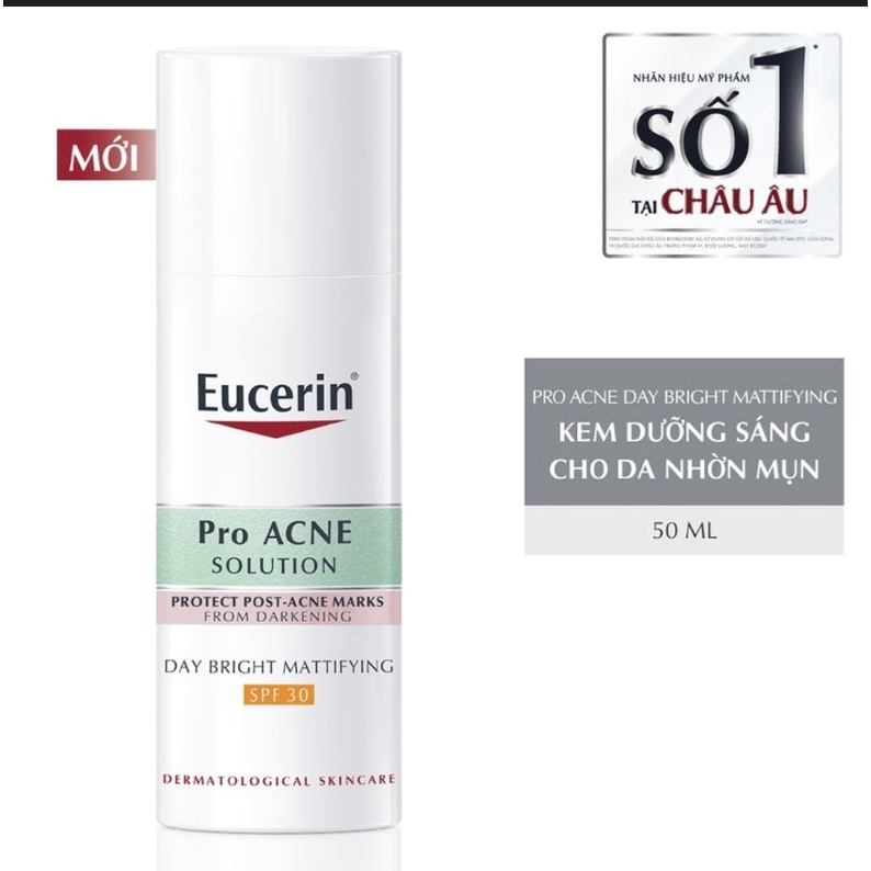 Eucerin Pro ACNE Solution Day Bright Mattifying SPF 30:Kem Dưỡng Trắng, Chống Nắng Ban Ngày cho Da Mụn(50mL)