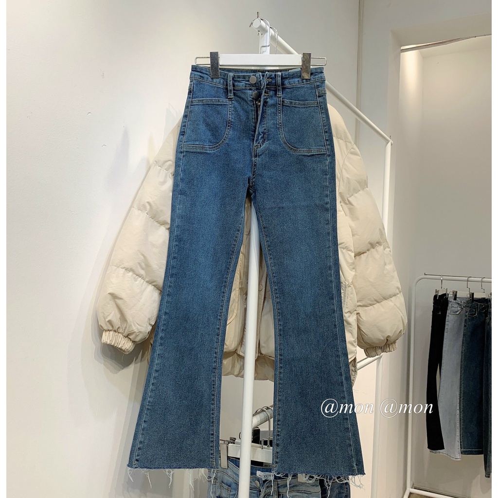 210814 Quần jeans nữ , quần jeans loe 2 cúc ống đứng co giãn, quần bò nữ ulzzang