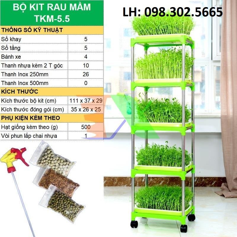 Bộ kit Khay trồng rau mầm thủy canh chuyên dụng - 5 Khay, Giá đỡ 5 tầng, Vòi xịt, Hạt giống