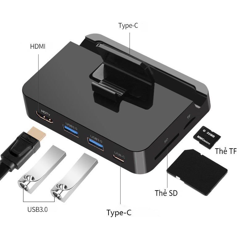 OT D 9138 - BỘ CHUYỂN TYPE C ĐA NĂNG 5 TRONG 1 TỪ TYPE SANG HDMI + 2 USB 3.0+ ĐỌC THÈ NHỚ MICRO SD+ SD