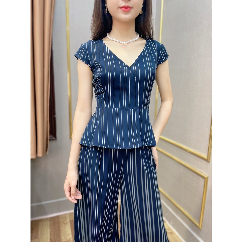 Sét bộ công sớ SEFA áo peplum quần ống sớ kẻ