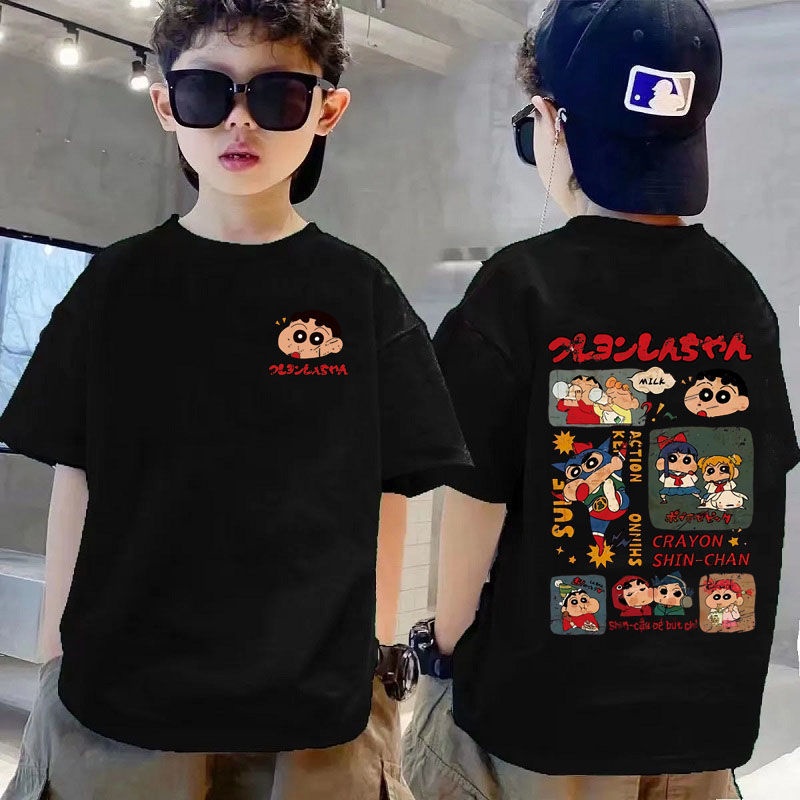 Áo Thun Cotton Màu Trơn In Hoạt Hình Cậu Bé Bút Chì Shin-Chan Cỡ Vừa Và Lớn Phong Cách Mới Cho Bé Trai