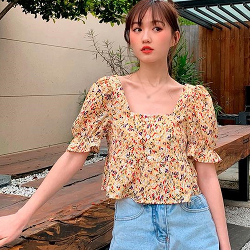 Áo Kiểu Cổ Vuông In Họa Tiết Hoa Xinh Xắn Cho Nữ