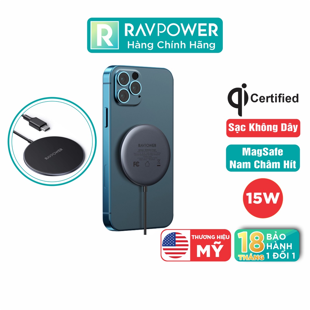 Sạc điện thoại không dây Ravpower RP-WC012 15W kèm cục sạc chân USB-C