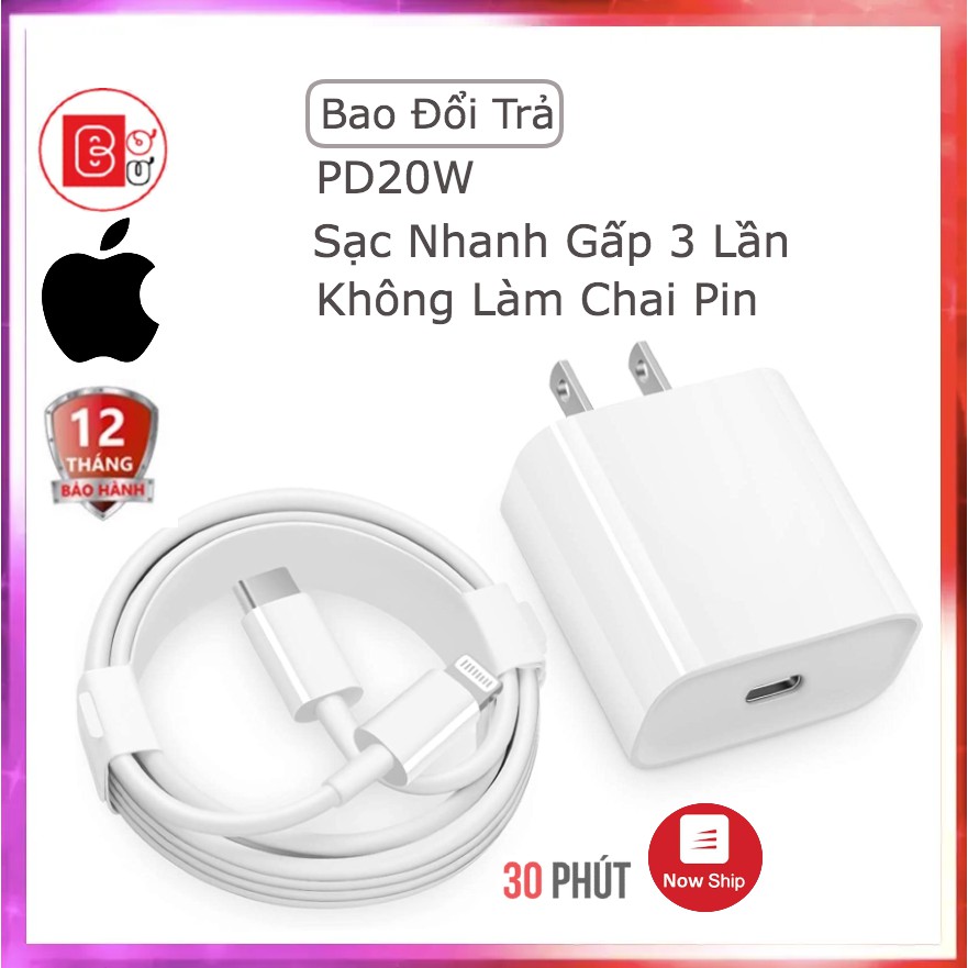 [Bh 12Th] Củ Sạc Nhanh Iphone 20W,Cáp Sạc Nhanh Iphone ,Bộ Củ PD 20W+Cáp Type-C to Lightning Cốc Sạc Nhanh Iphone-Bơ Bư