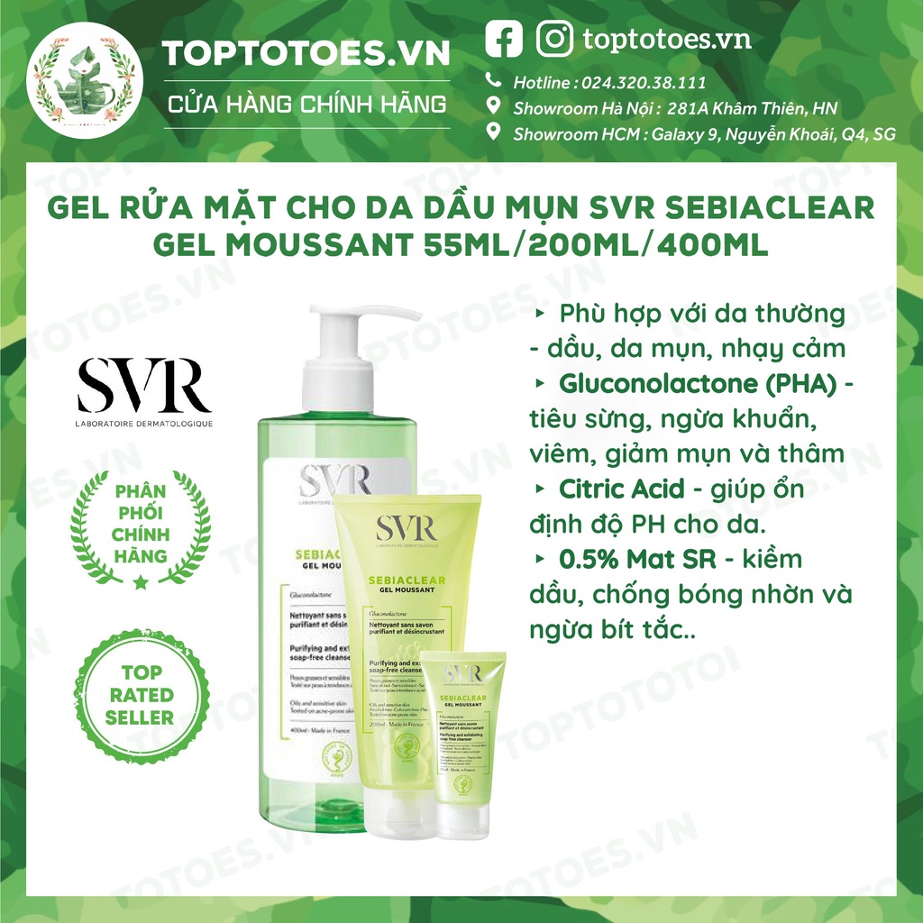 Gel rửa mặt cho da dầu mụn SVR Sebiaclear Gel Moussant 55ml/ 200ml/ 400ml  [NHẬP KHẨU CHÍNH HÃNG 100%]