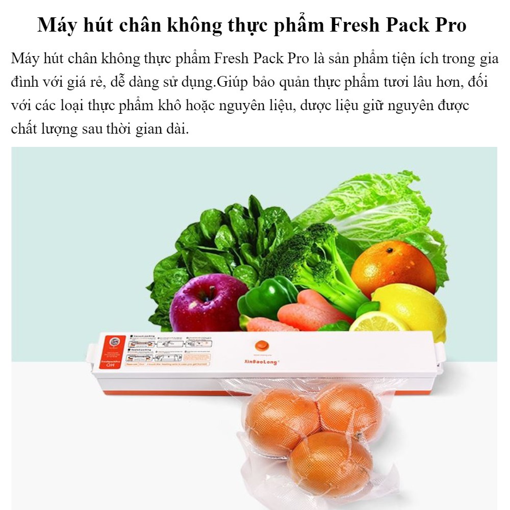 Máy Hút Chân Không Thực Phẩm Fresh Pack Pro - Nhỏ Gọn Tiện Lợi - Tặng 10 Túi Nilon - Bảo Hành Chính Hãng 12 Tháng