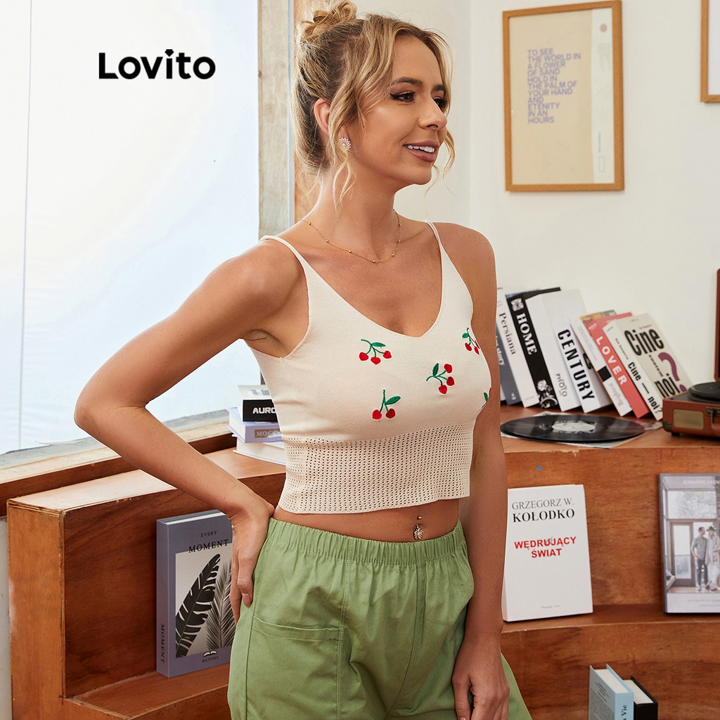 Áo dệt kim Lovito dây sau lưng hở vai hoạ tiết trái cây phong cách thường ngày L16X152 (nhiều màu)