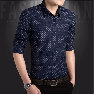 Áo sơ mi nam họa tiết chấm bi gập hộp vải lụa mịn chống nhăn