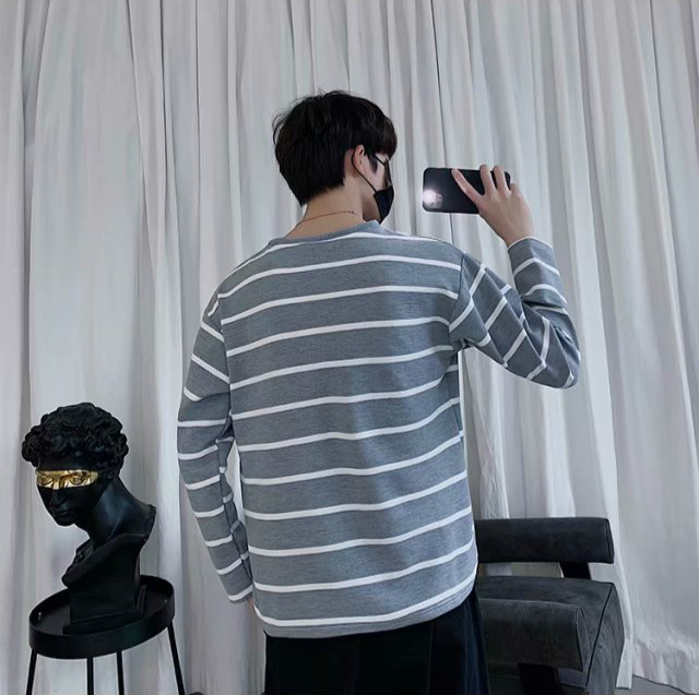 Áo thun cổ tròn dài tay dáng rộng họa tiết sọc ngang thời trang dành cho nam | BigBuy360 - bigbuy360.vn