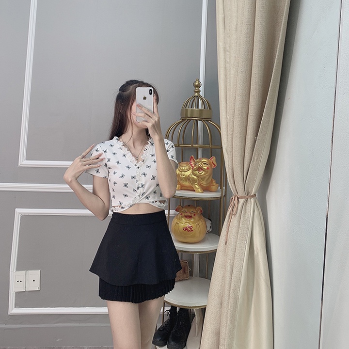 Áo croptop kiểu Hàn Quốc 2023 ôm body dây cột lưng họa tiết bướm đẹp dễ thương