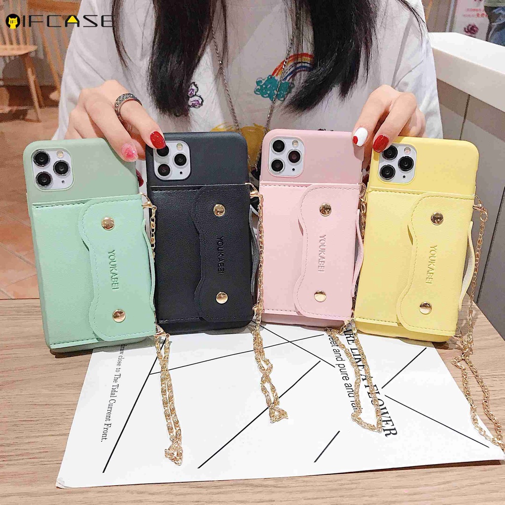 Ốp điện thoại TPU mềm màu trơn đính ví có dây đeo dạng xích xinh xắn cho iPhone 12 Mini 12 Pro Max