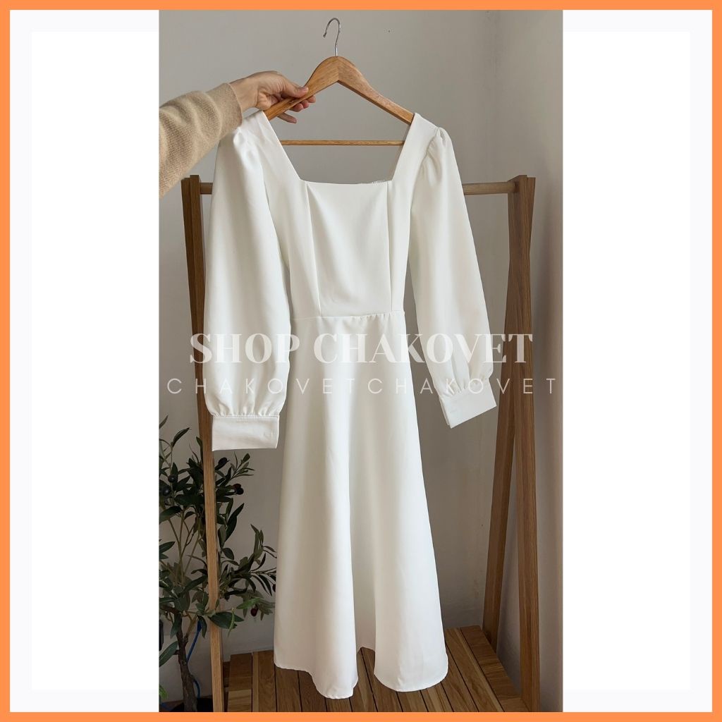 Đầm nữ cổ vuông màu trắng dài tay 2 lớp V8133, kiểu váy nữ dáng dài thanh lịch style hànquốc thiết kế chun sau có đai eo | BigBuy360 - bigbuy360.vn