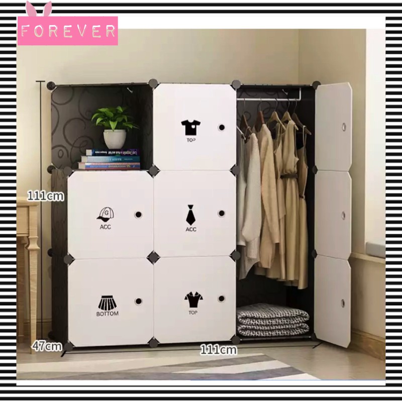 Tủ nhựa ghép 9 ô để đồ màu đen, cửa trắng decal quần áo,1 treo, 1 xéo
