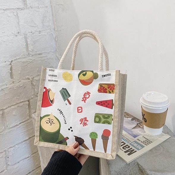 Túi xách cầm tay bằng vải canvas in họa tiết đáng yêu tiện dụng