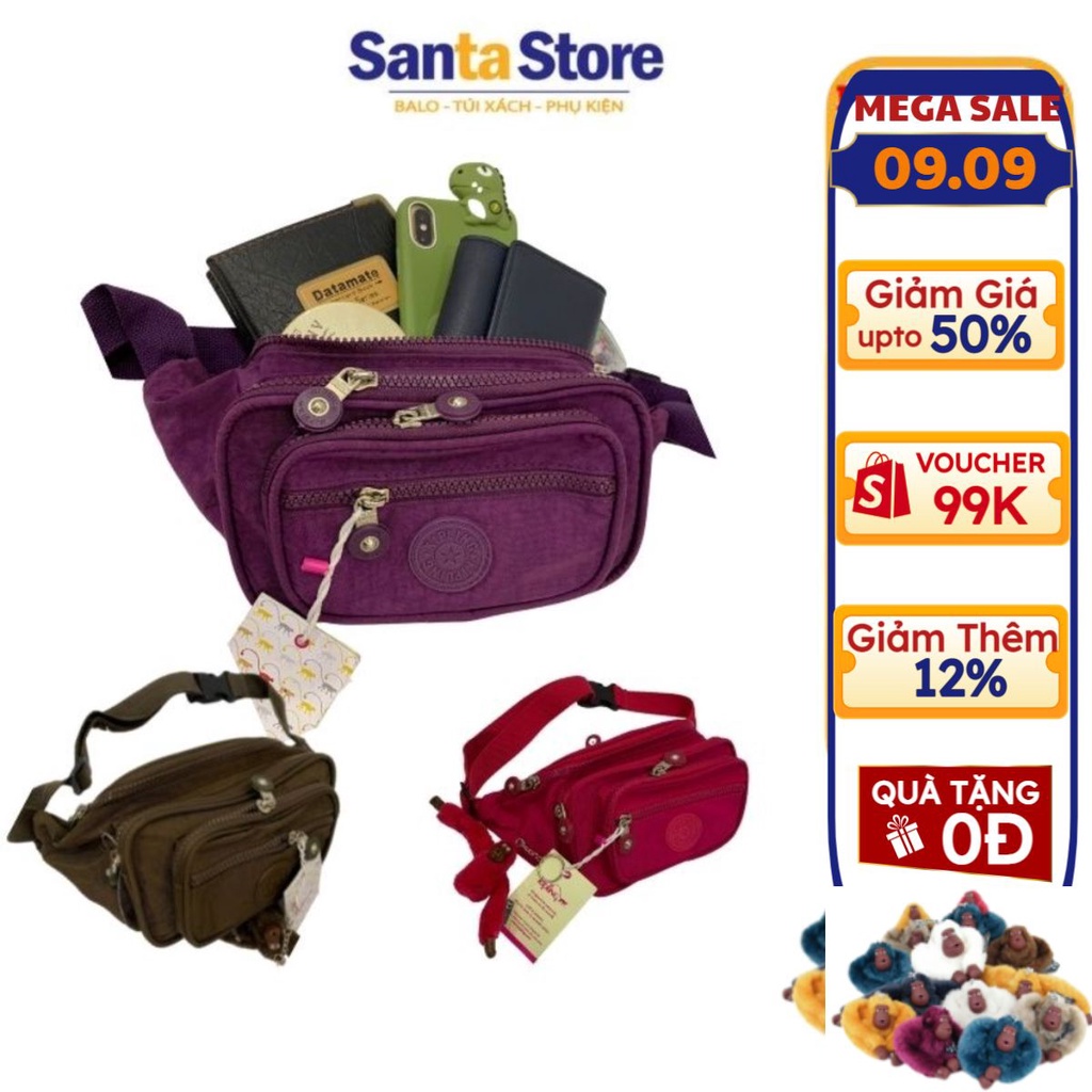 Túi bao tử nữ Kipling KL1808 đeo chéo đeo hông bụng đẹp nhiều ngăn thời trang vải dù đựng điện thoai, ví tiền, cáp sạc