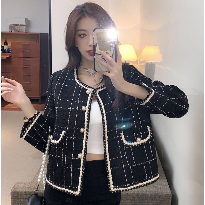 Áo Dạ Tweed Viền Thừng Cúc Ngọc - Áo Khoác Dạ Nữ Quảng Châu Mẫu Mới