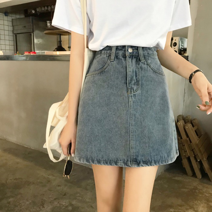 Chân váy jean denim ngắn chữ A Chân váy bò ngắn Lưng cao Hàn Quốc Thiết kế Retro Vintage Thời trang