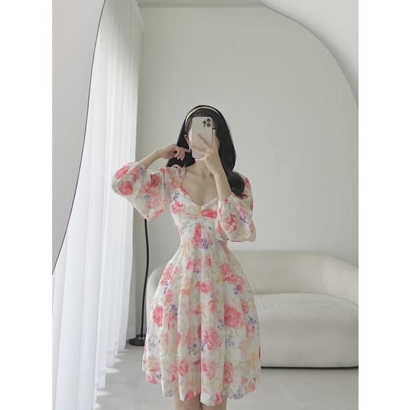 Đầm Hoa Tay Bồng Cut Out Nơ Lưng Dáng Xòe