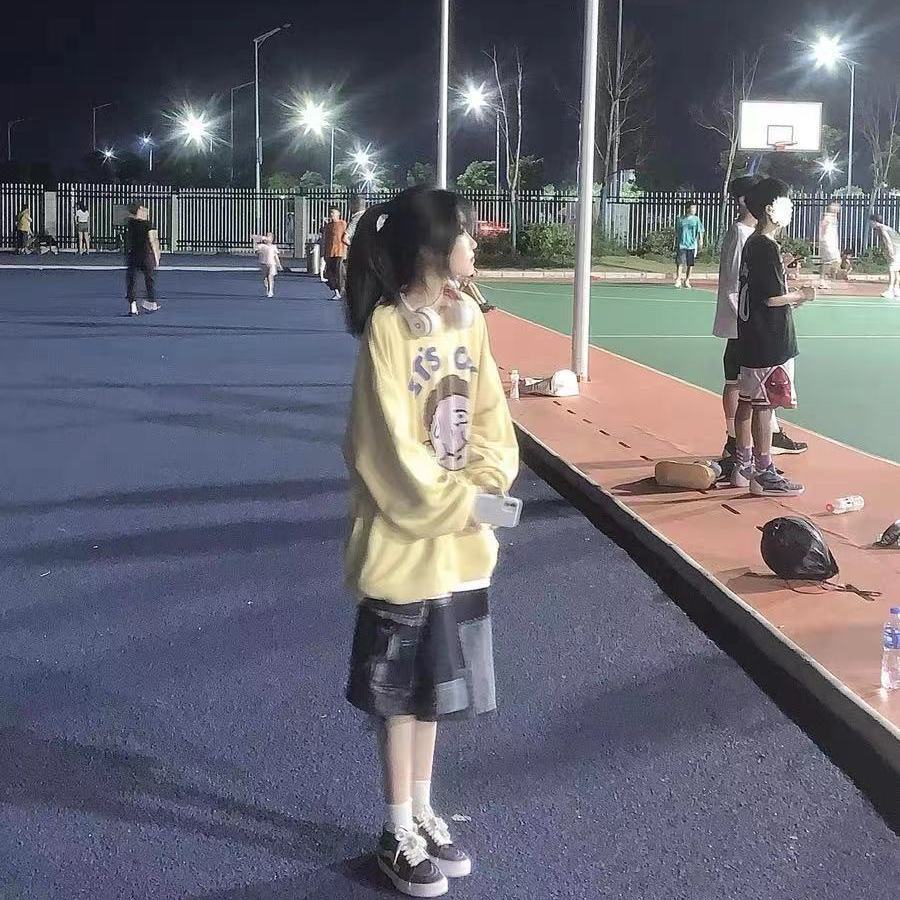 Áo sweatshirt cổ tròn dáng rộng in hoạt hình kiểu Hàn Quốc cá tính cho nữ