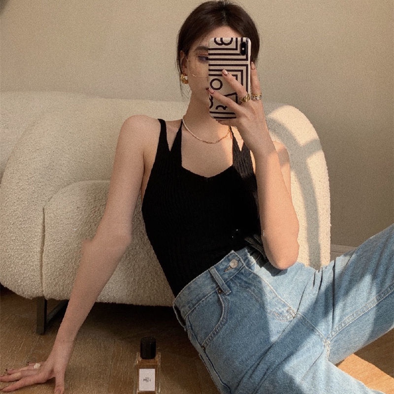 Áo Hai Dây Dệt Kim Dáng Ôm Màu Trơn Thời Trang Dành Cho Nữ