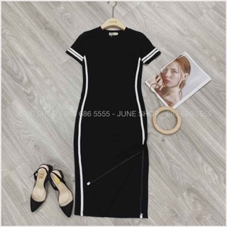 Váy ôm cộc tay xẻ tà chất zip cotton