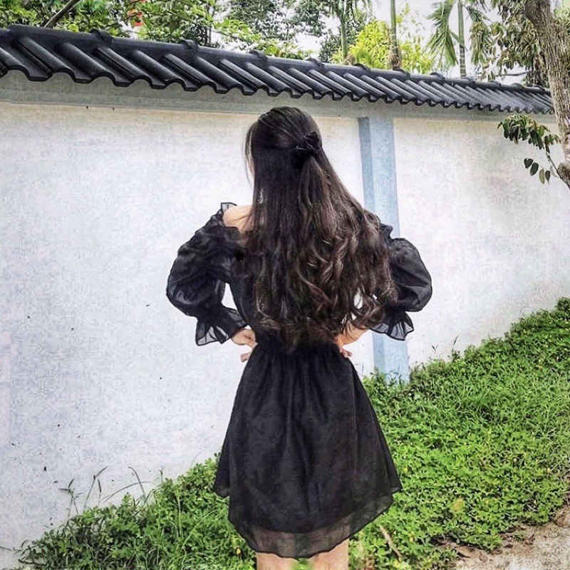 Đầm nhún eo trễ vai tơ gân - Wali Dress