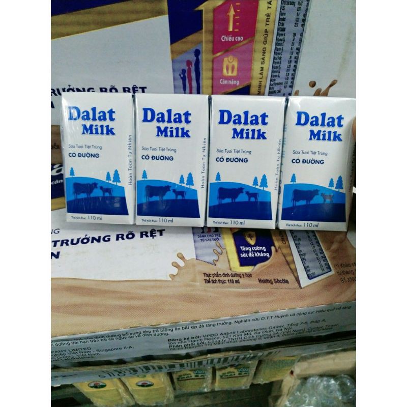 vỉ 4 hộp sữa tươi có đường ,ít đường Dalatmilk 110ml