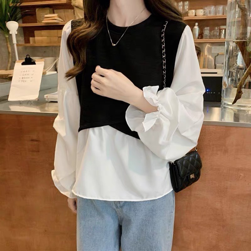 Áo babydoll nữ tay bồng phối gile đen cách điệu- Babyoll tiểu thư phong cách ulzzang hàn quốc