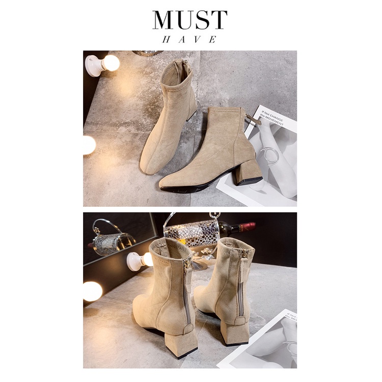 Giày boots nữ cao gót da lộn cổ thấp phong cách Hàn Quốc mới nhất 2021 HOT