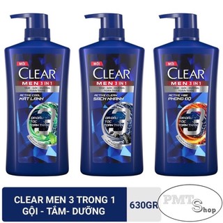 Dầu tắm gội Clear Men 3in1 630g Tắm + Gội + Dưỡng Active Cool mát lạnh | Active Clean sạch sâu | Active Vibe phong độ