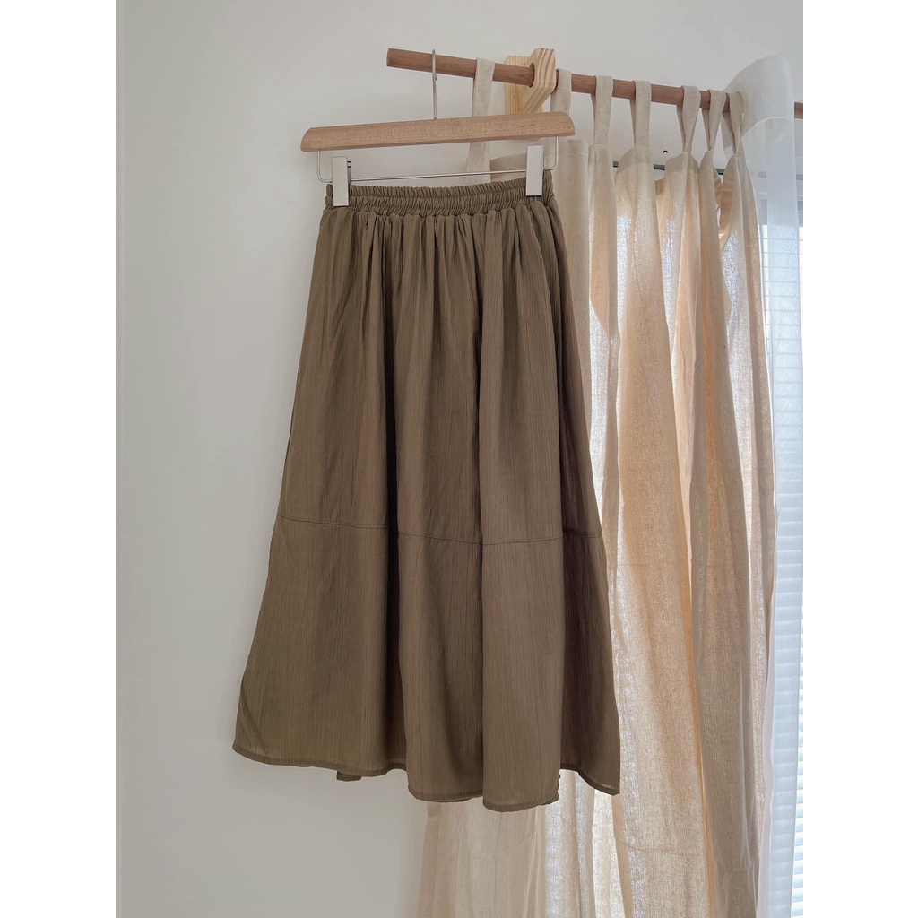 Chân váy midi tơ nhăn dáng dài công chúa bồng bềnh chuzme