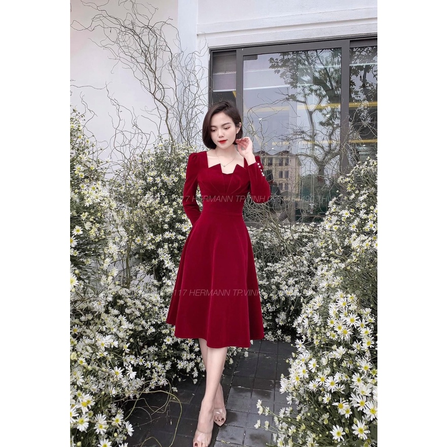 Váy Nhung Nữ Đỏ, Đầm Xòe Xếp Ly Ngực Phối Ngực Chất Nhung Dày Dặn Hàng Thiết Kế, Đủ Size Siêu Sang. | BigBuy360 - bigbuy360.vn