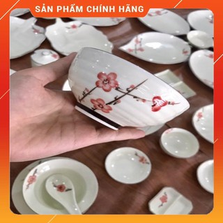 Bộ bát cơm men kem vẽ hoa đào đỏ