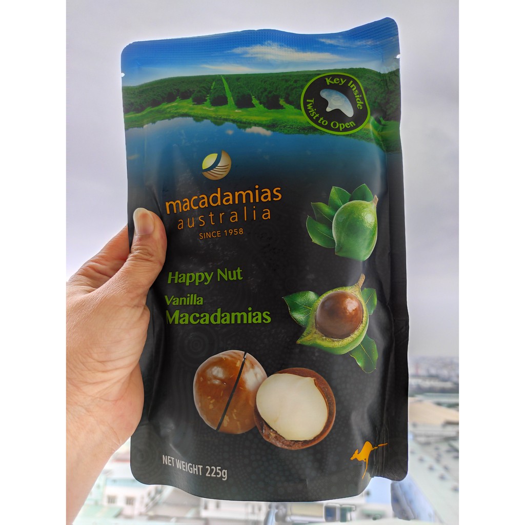 HẠT MẮC CA -  H𝗮̀𝗻𝗴 𝗰𝗵𝘂𝗮̂̉𝗻 ÚC (Brand: Happy Nut Vanilla Macadamias) - Túi 225gr - Giá 180k