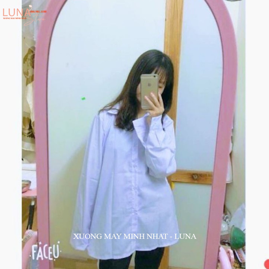 Áo sơ mi đi học tay dài nữ form rộng cổ bẻ V có không túi màu Trắng Xanh kiểu áo sơ mi học sinh dài tay cấp 2 3 vải lanh