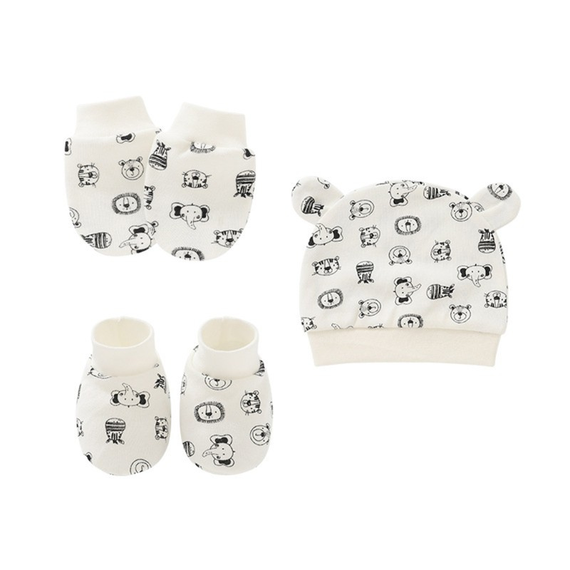 Bộ bao chân + mũ + bao tay cotton chống xước cho bé sơ sinh