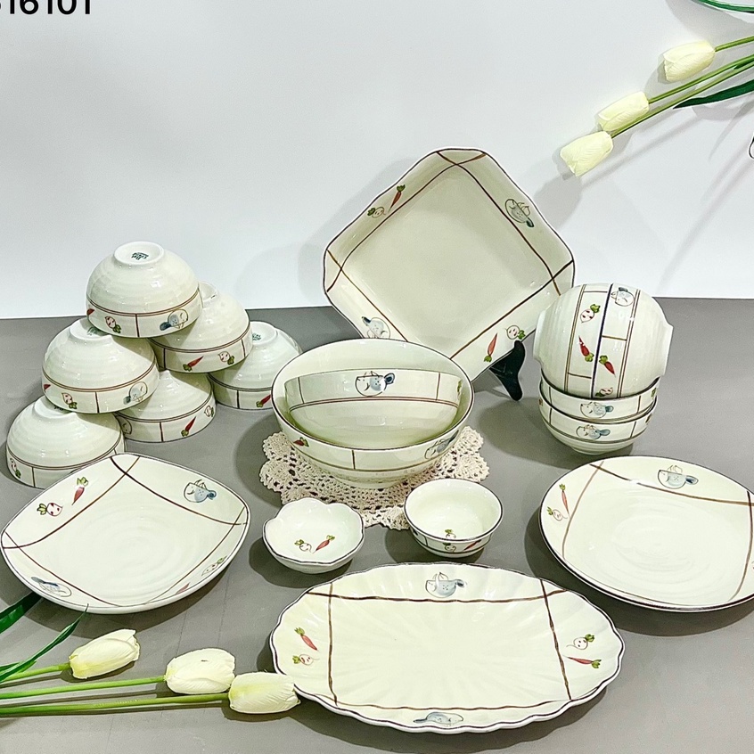 Bộ bát đĩa, bộ bát ăn men kem sứ Bát Tràng cao cấp, sang trọng vẽ củ quả