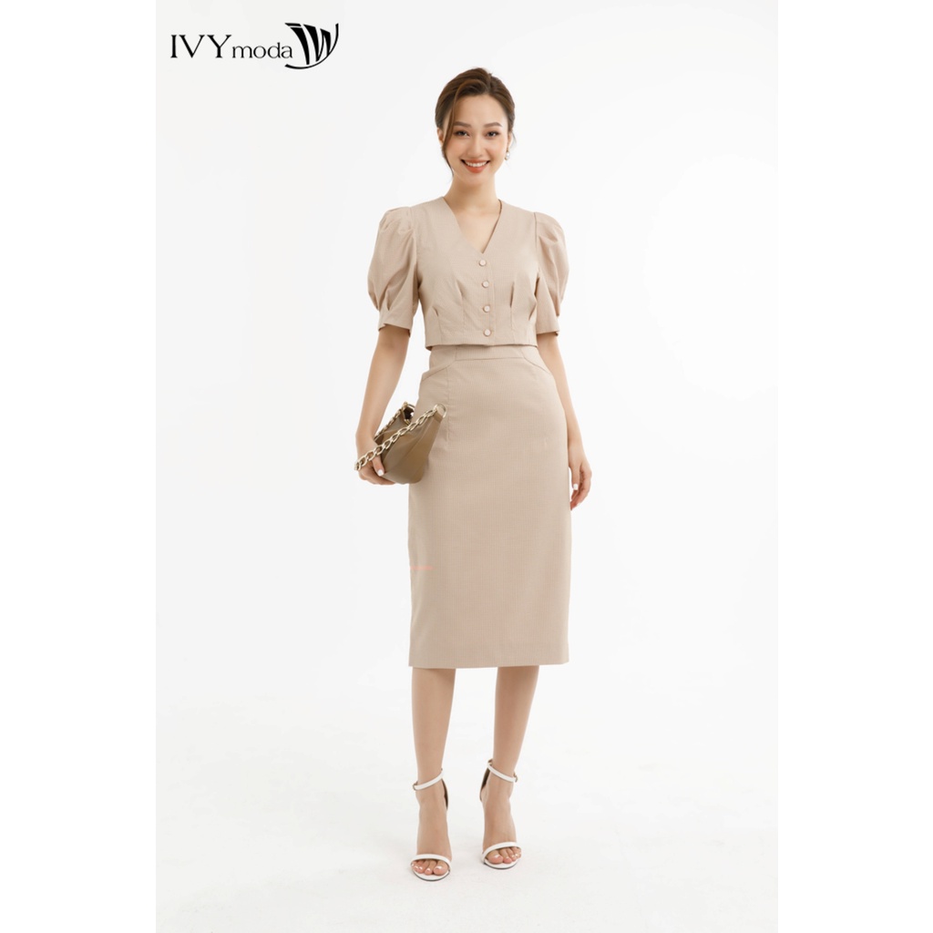 Bộ áo croptop tay bồng và chân váy bút chì IVY moda MS 16M7497