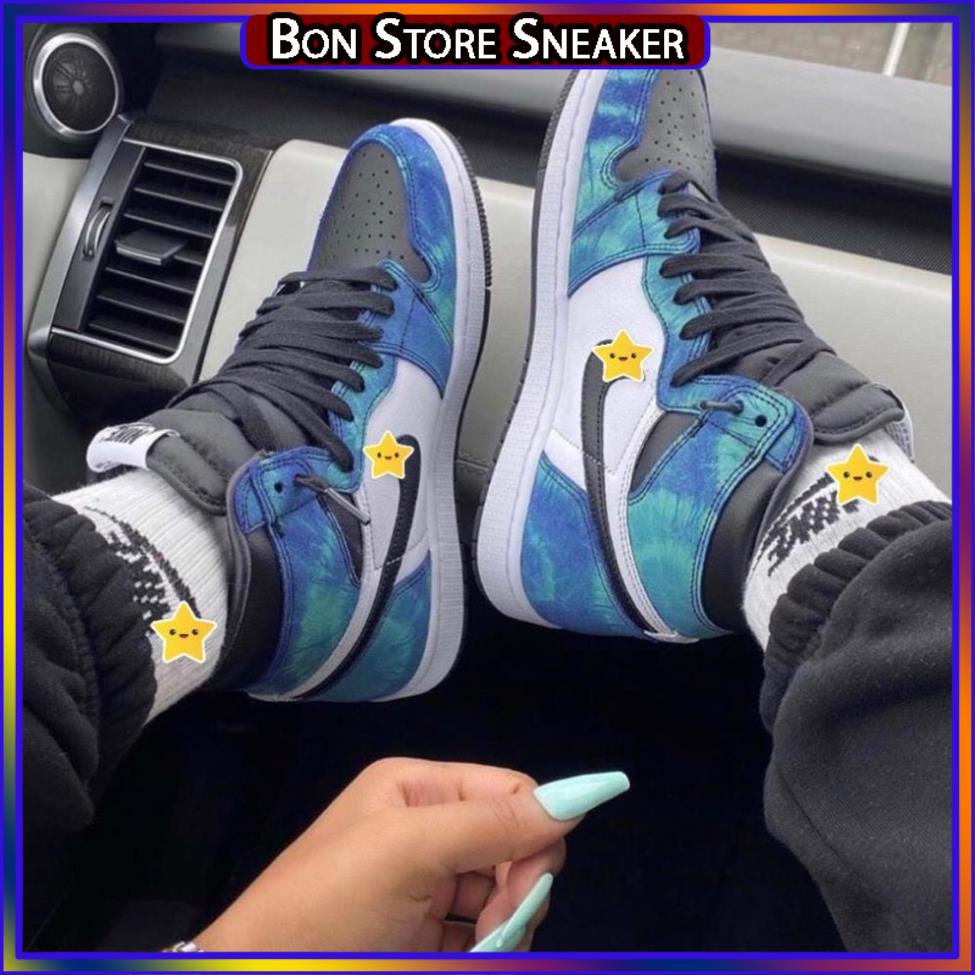 Giày thể thao Jordan xanh loang nước biển cổ cao, Giày JD1 high tie dye cao cổ nam nữ siêu hot Full Box Bill + tặng dây