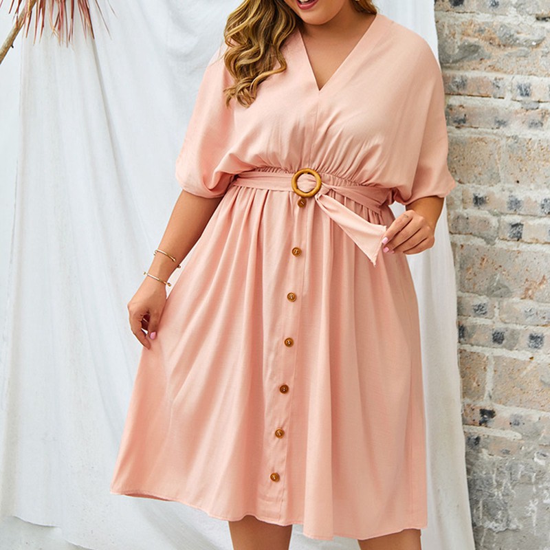 V-neck Party Dress Women Summer Long Big Size Dress Ladies Plus Size Elegant Dress Midi Oversized Dresses Pink XL